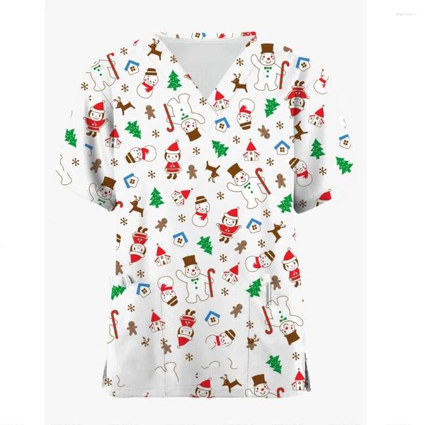 Mulheres Camisetas Natal Enfermeira Esfrega Tops Mulheres Uniforme Médico Papai Noel Impressão V-Pescoço Hospital Healthcare Spa T-shirt Blusa