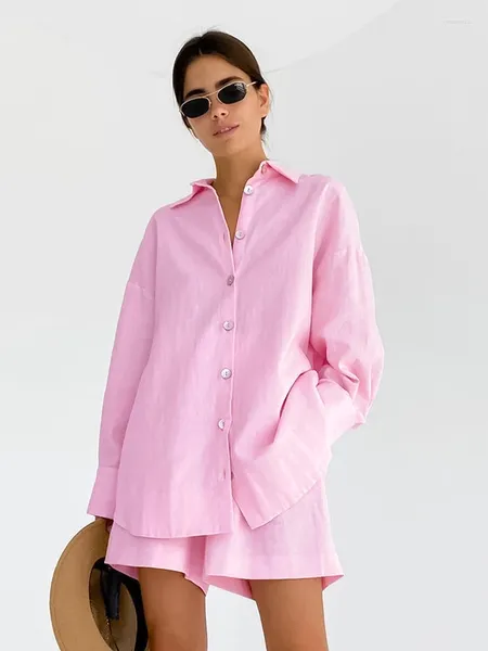 Mulheres sleepwear hiloc rosa manga longa algodão único-breasted conjuntos curtos lapela casual pijama conjunto mulher 2 peças loungewear 2024 primavera