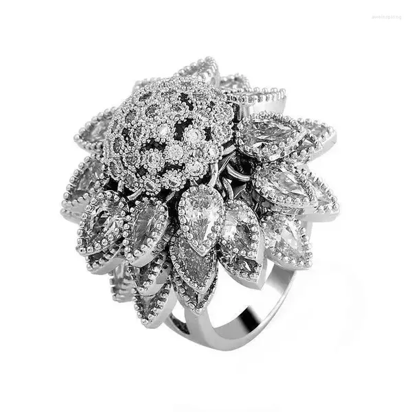 Anéis de cluster Original Cristal Floco de Neve Noivado Design Requintado Anel de Flor de Casamento de Luxo Elegante Jóias de Prata Deslumbrantes
