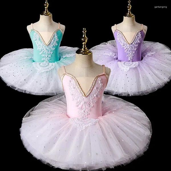 Stage Wear 2024 Ballerina Fata Prom Party Costume Bambini Blu Paillettes Flower Dress Ragazze Danza Ginnastica Balletto Tutu