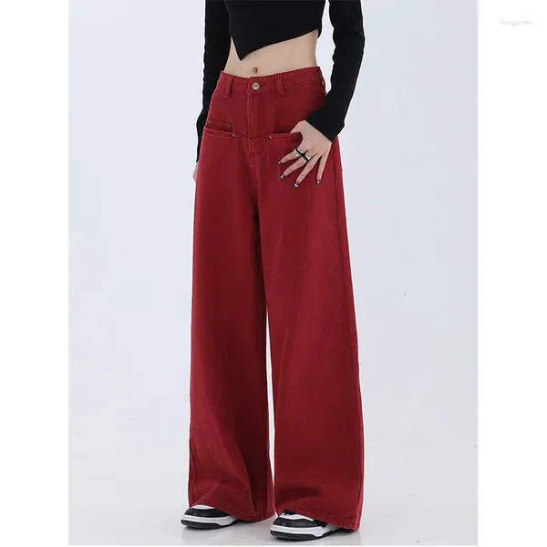 Damen Jeans Mode Vintage Rot Gerade Lässige Hohe Taille Street Style Hosen Korean Wide Leg Baggy Y2K Denim Hose