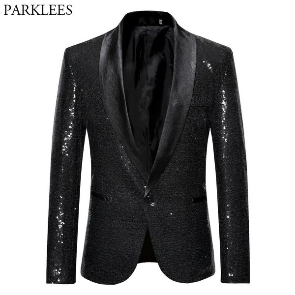 Preto lantejoulas um botão xale colarinho terno jaqueta masculina bling glitter boate baile de formatura dj blazer jaqueta masculina roupas de palco para cantores 240118