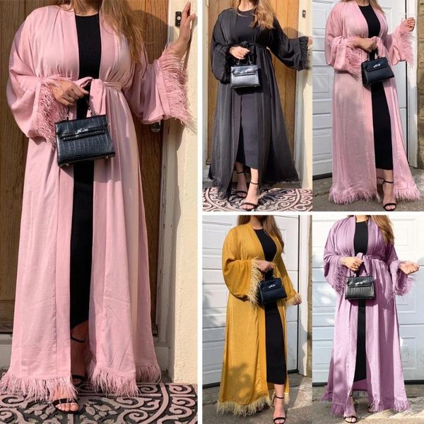 Roupas étnicas Elegante Mulheres Muçulmanas Aberto Kimono Árabe Abaya Islâmico Dubai Caftan Maxi Robe Vestido Ramadan Feather Edge Turquia Moda