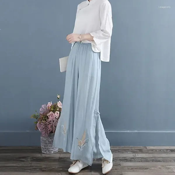 Etnik Giyim 2024 Çin Ulusal Tarzı Retro Zarif Pantolonlar Geniş Bacak Pantolonları İşlemeli Çiçek Kadınlar İçin Günlük Elastik Bel G723