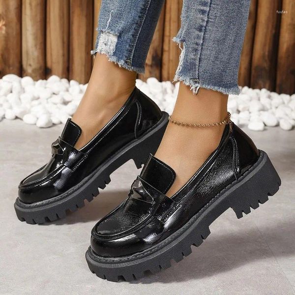 Sapatos de vestido Mulheres Mary Janes Couro de Patente Bombas de Salto Grosso Fivela Dedo Do Pé Redondo Calçado Feminino Preto Salto Baixo Zapatos de Mujer 43