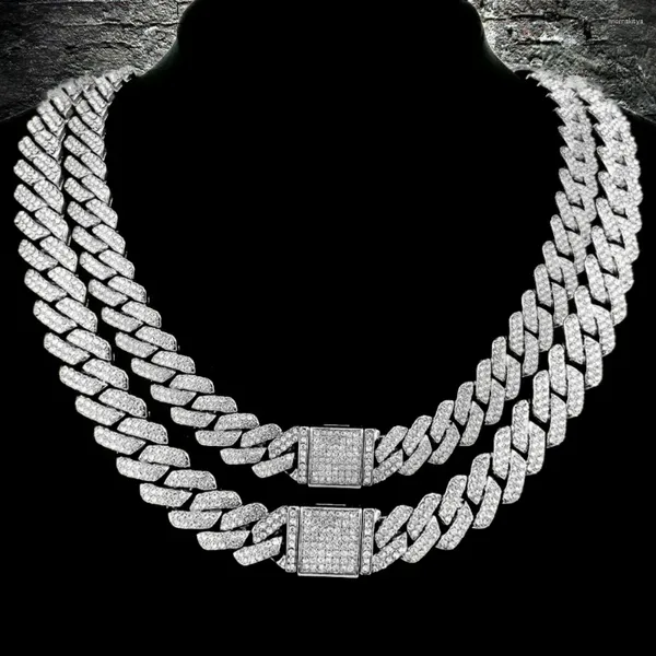 Correntes 14mm Hip Hop Cuban Link Chain para Homens Cor Prata Gelado Strass Miami Colar Gargantilha Mulheres com Jóias de Pescoço