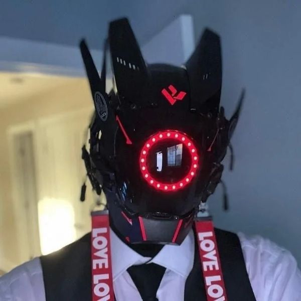 Cyberpunk Mask Night City Mecha Festivali Samurai Dairesel Kırmızı Led Cosplay ACG SciFi Kask Cadılar Bayramı Parti Hediyeleri Yetişkinler için 240122