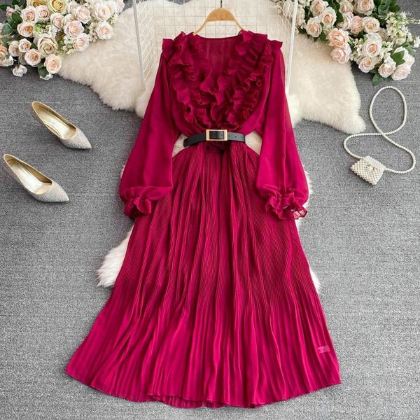 Vestidos casuais 6 cores elegante mulher vestido moda v-pescoço de manga comprida feminino comprimento médio cintura envolta a linha plissada jupe mujer