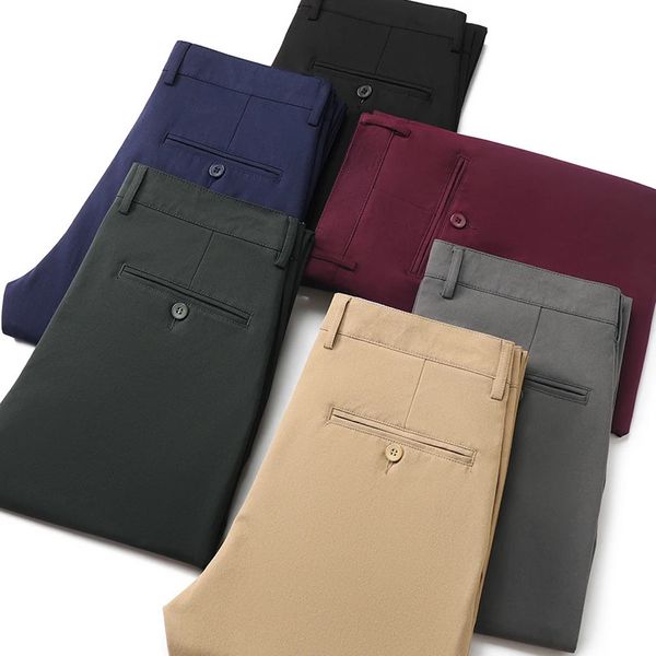 2024 Erkekler Business Sıradan Düz Pantolon Mikro Elastik Bordo Khaki Siyah Klasik Moda Markası Four Seasons Pantolon 240122