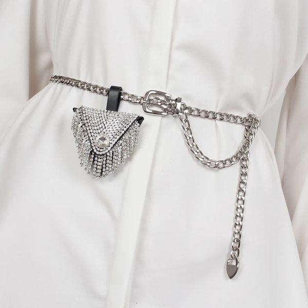 Mini pacotes de cintura feitos à mão com strass para chave de moeda longo ajustável cinto corrente batom eurioean feminino mini fanny packs 240130