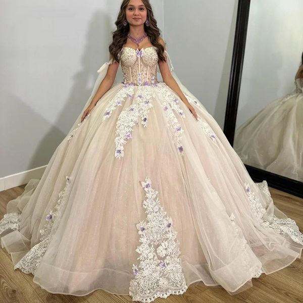 Блестящее бальное платье цвета шампанского, тюлевые аппликации в форме сердца, платья Quinceanera, милое платье для 16 лет для юниоров, Vestidos De 15 Quinceanera