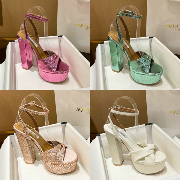 Tasarımcı Ayakkabı Aquazzura Kristal Kapalı Platform Pompa Tıknaz Topuk Sandal 15cm Lüks Akşam Ayakkabı Kristal Ayak Bileği Kayışı Elbise Ayakkabı Kadın Düğün Partisi Ayakkabıları