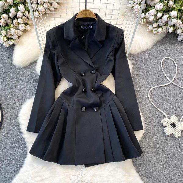 Vestidos casuais superaen estilo coreano preto trench coat 2024 primavera e outono cintura a-line plissado blazer vestido