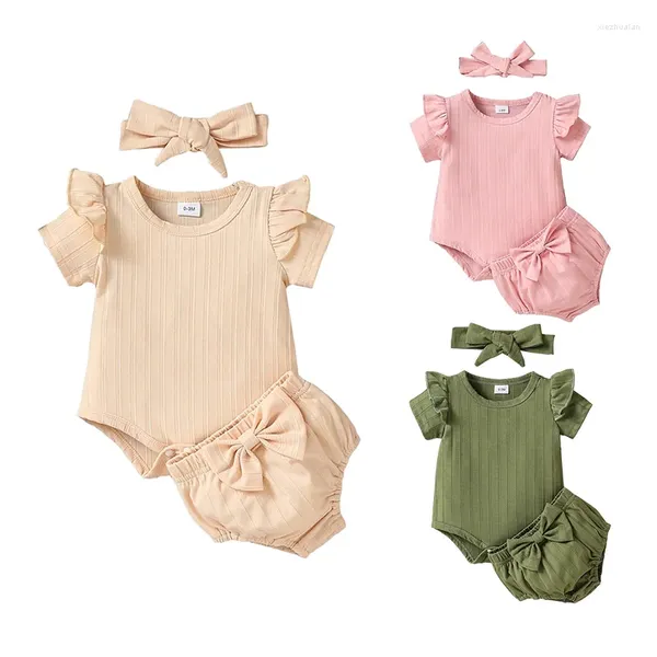 Kleidung Sets Infant Born Baby Mädchen Sommer Kleidung Solide Kurzarm O Neck Rüschen Strampler Bogen PP Shorts Stirnband Outfit