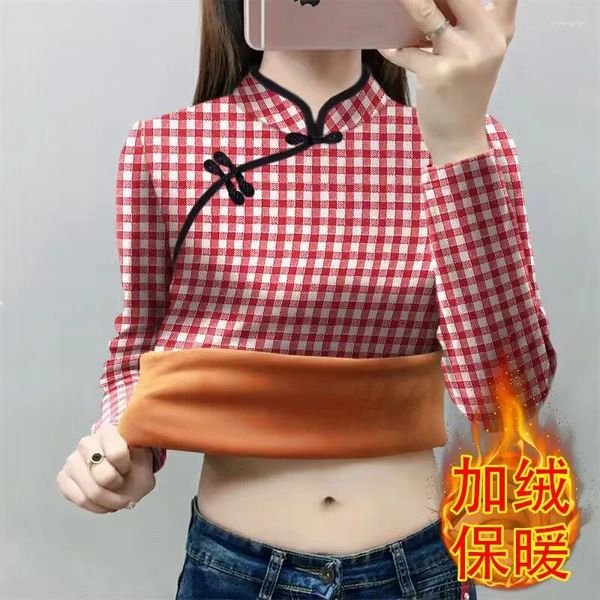 Женские футболки, флисовая футболка с длинным рукавом в китайском стиле, 2024, женская осенне-зимняя рубашка с воротником Cheongsam, толстая базовая рубашка, женская универсальная блузка