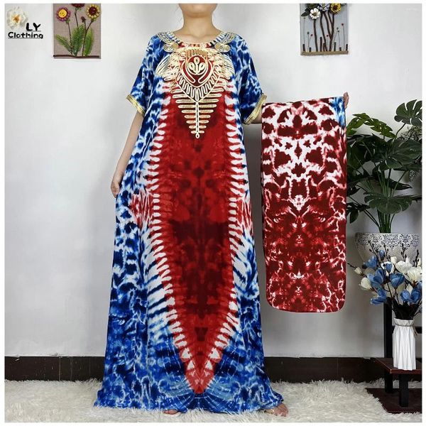 Roupas étnicas 2024 Dubai Muçulmano para Mulheres Manga Curta Impresso Algodão Islam Turquia Femme Solto Robe Africano Abayas Vestido com Lenço