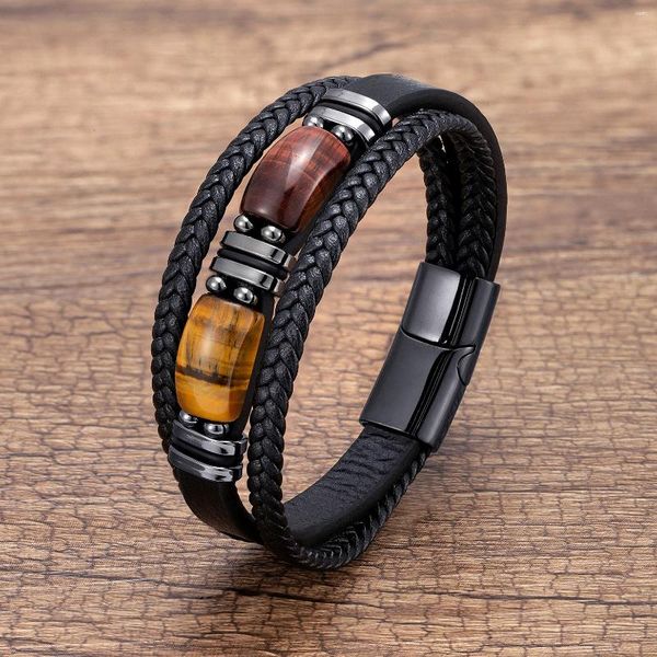 Charme pulseiras natural tigre olho pedra pulseira masculina pulseira mão-tecido multi-camada trançado pulseiras de couro jóias de aço inoxidável