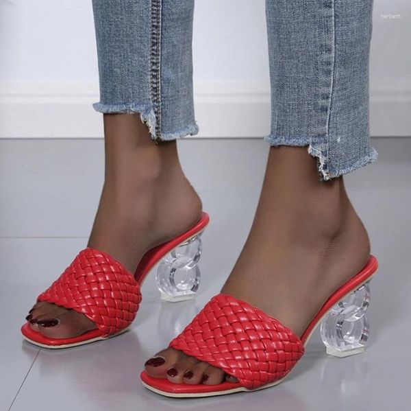 Модельные туфли, летние модные женские сандалии, женские уличные тапочки необычного стиля на высоком каблуке 8 см с квадратным носком, размер 43