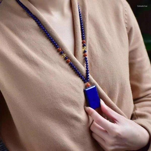 Ожерелья с подвесками из натурального необработанного камня, синее бирюзовое ожерелье, амулет квадратной формы для безопасности и мира, мужская и женская цепочка на свитер