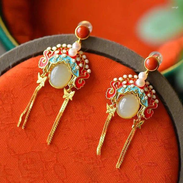 Dangle Küpeler Ulusal Moda Lady S925 STERLING Gümüş Saplama Yaldızlı Emaye Hetian Yeşim Pekin Opera Süsleme