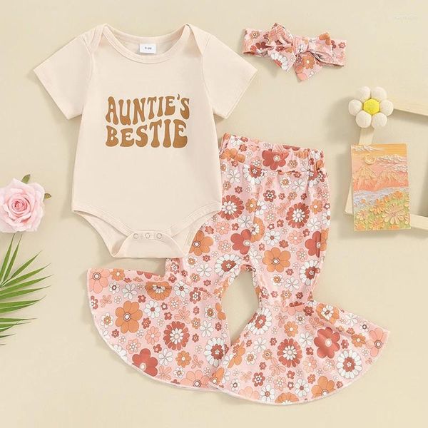 Roupas conjuntos de tias, ou seja, roupas de bebê menina tia dizendo letra camiseta floral calça floral bandeira 3pcs