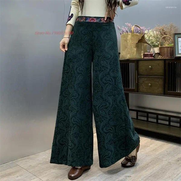 Abbigliamento etnico 2024 Pantaloni folk vintage cinesi Pantaloni jacquard di lino in cotone Pantaloni da donna con ricamo floreale nazionale Gamba larga ampia