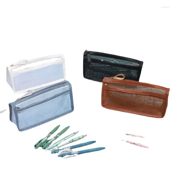 Sacos cosméticos camadas duplas saco de malha transparente redes teste lápis caso portátil cosméticos pincéis de maquiagem batons organizador