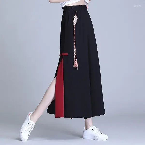 Abbigliamento etnico Pantaloni corti da donna con colori a contrasto Pantaloni casual in cotone e lino larghi stile cinese 10504