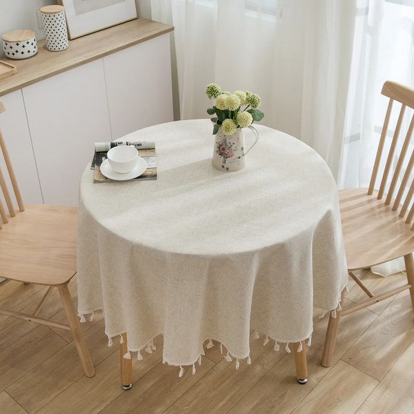 Runder Tisch Haushalt Runder Bezug Leinen Baumwolle Einfarbige Tischdecke mit Quasten Home Party Hochzeit Küchendekoration 240127