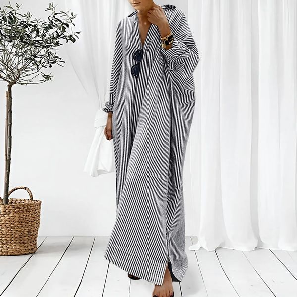 Roupas de verão para mulheres listras algodão linho camisa lapela vestido manga longa casual solto maxi vestidos plus size 240124