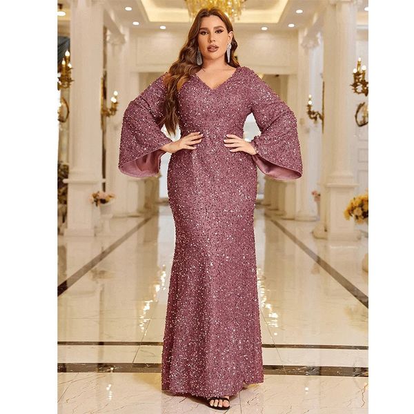 Plus Size scollo a V manica lunga in rilievo con paillettes lungo abito da ballo di lusso da donna Big Size elegante allentato 5XL6XL abito da sera scintillante 240201