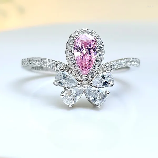 Cluster-Ringe, 90 Punkte, Kirschblüten-Rosa-Diamant-Ring, Edelstein, hoher Kohlenstoffgehalt, Schleife, Wassertropfen, Birnenform, 925er Silber