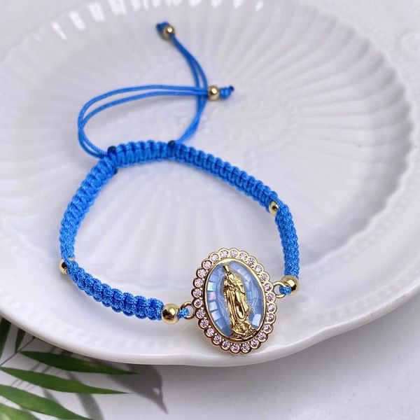 Strand moda feminina azul tecido corda pulseira cz artesanal multicolorido virgem maria charme ajustável pulseiras amizade jóias meninas presente
