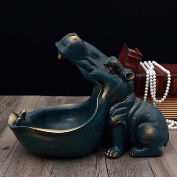 Grande boca hippo estatueta caixa chave decoração mesa estátua caixa de armazenamento de jóias porca doces tigela decoração para casa escultura ornamental 240202