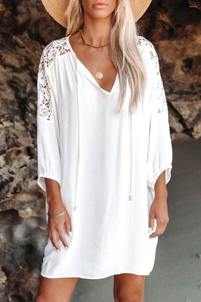 Damen Bademode Strand Sonnenschutz V-Ausschnitt Spitze Baumwollkleid 7/4 Ärmel Bikini Urlaub Tunika Tops Cover Ups für Frauen