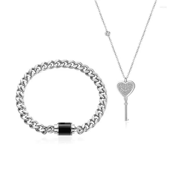 Conjunto de brincos de colar 2 peças dele e dela combinando casal pulseira de aço inoxidável coração chave pingente bloqueio charme