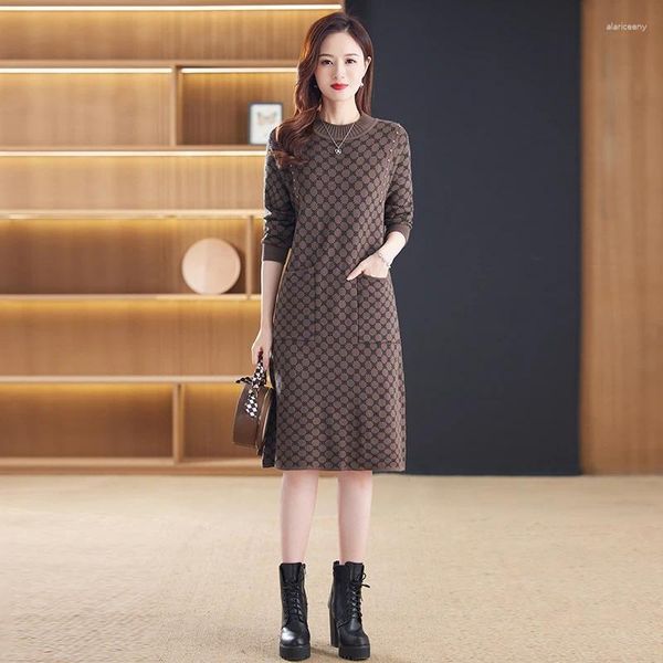 Casual Kleider Langarm Braun Strickpullover Kleid Herbst Winter Frauen Druck Oansatz Schlank Warm Elegant 2024 Büro Chic Midi Kleider