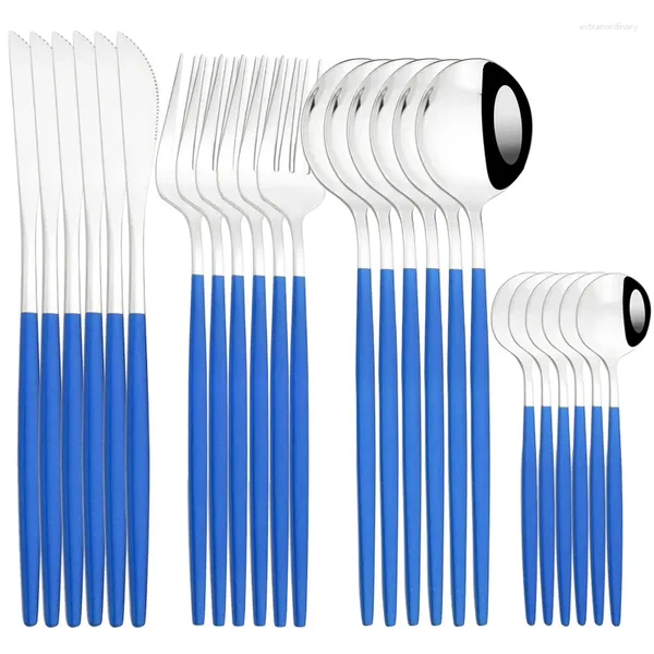 Set di stoviglie Zoseil 24 pezzi Set di posate in argento blu Forchette in acciaio inossidabile Cucchiai Coltelli Posate da cucina Stoviglie Argenteria