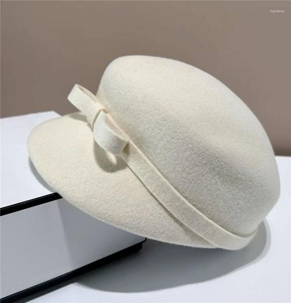 Berets 202410-2508373 Ins Chic Inverno Japão Bowknot Lã Feltro Jovem Menina Moda Senhora Octogonal Chapéu Mulheres Viseiras Cap