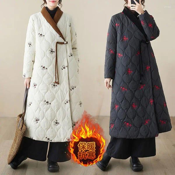 Damen-Trenchmäntel, chinesischer Stil, Winter-bestickter Baumwollmantel für Frauen, 2024, Mode, Kreuzkragen, Hanfu, alte lange Jacke, Abrigos