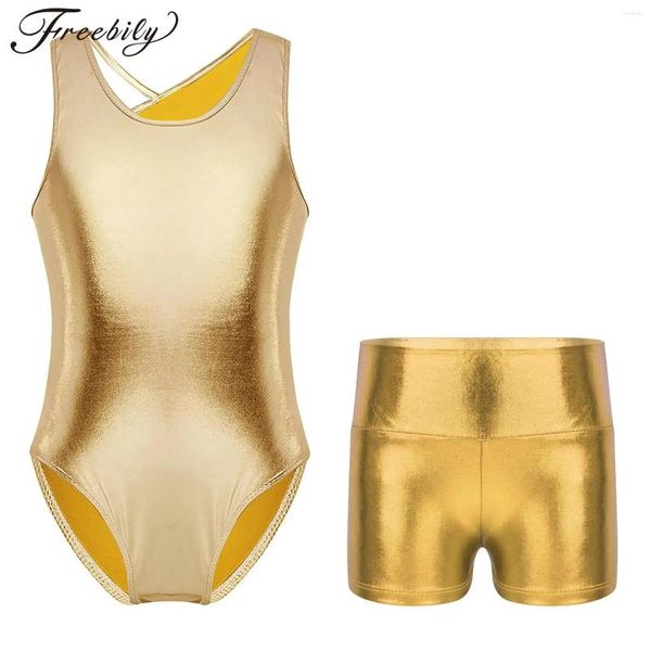 Palco desgaste crianças meninas metálicas ballet outfit ginástica collant com shorts patinação artística bodysuit crianças sem mangas macacão de ginástica