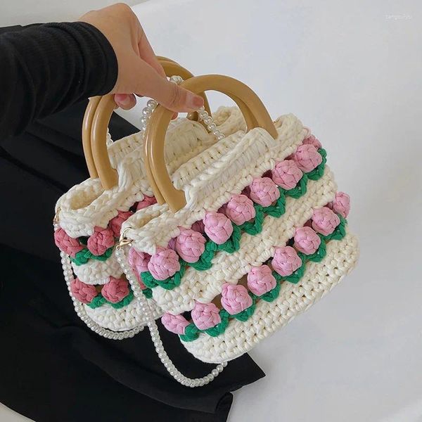 Sacos de cintura crochê tulipas ombro doce flor alça de madeira bolsas femininas artesanal tecido crossbody saco malha pequena tote bolsas