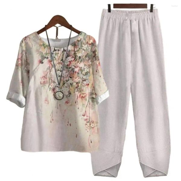 Completo da donna in due pezzi con pantaloni girocollo e top con stampa floreale, set Harem per la primavera estate sciolto