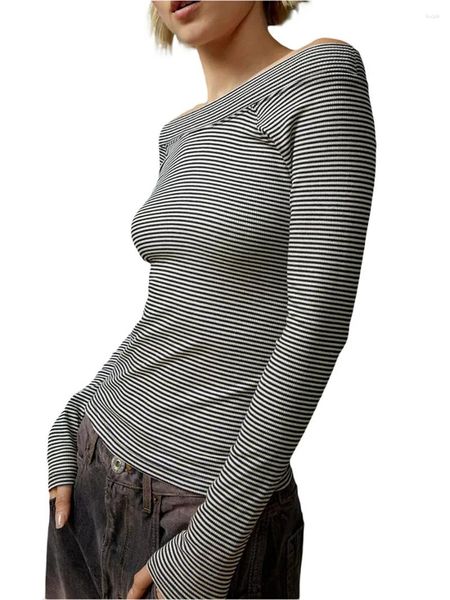 T-shirt da donna T-shirt slim con spalle scoperte Donna 2024 Y2k stile tinta unita stampa a righe manica lunga scollo a barca per