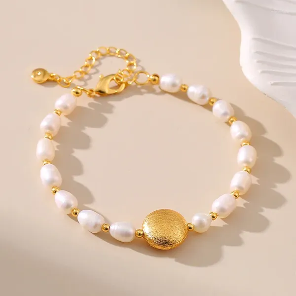 Braccialetti a maglie Classico braccialetto di perle d'acqua dolce fatto a mano ovale con sfera di metallo placcato oro 18 carati Grace gioielli impermeabili con cordino a mano da donna