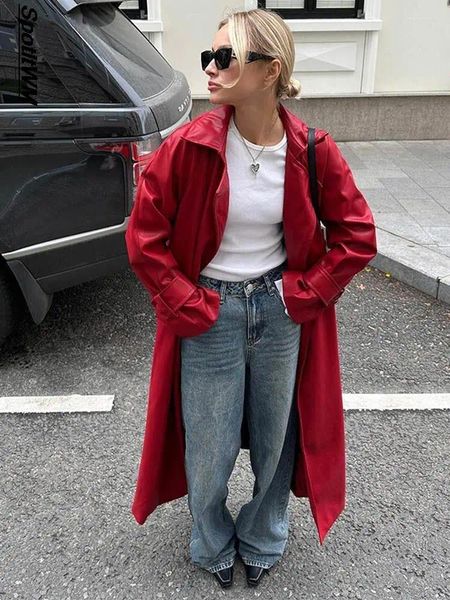 Damen Leder Damen Rot Revers Oversize PU Jacke Mode Lange Ärmel Lose Lässige Trenchcoat 2024 Herbst Dame Elegante Streetwear