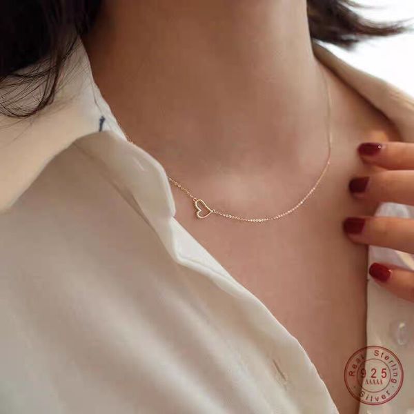 Collana a forma di cuore d'amore placcato oro 14k in argento sterling 925 con pendente femminile, piccola catena minimalista a clavicola