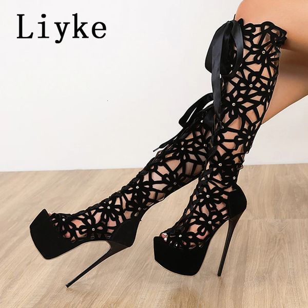 Liyke 16cm ultra fino salto alto sexy boate oco para fora sobre o joelho botas mulheres peep toe rendas zip plataforma sapatos sandálias 240125