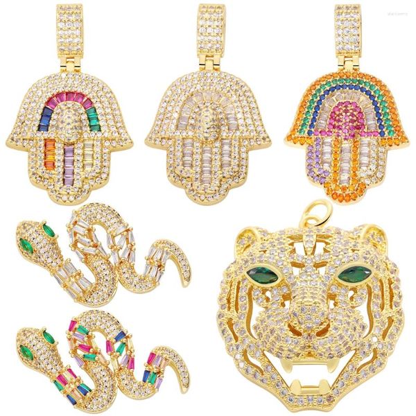 Colares de pingente Juya 18k real banhado a ouro arco-íris zircão pavimentado artesanal luxo talismã encantos hamsa mão de fatima cobra tigre suprimentos