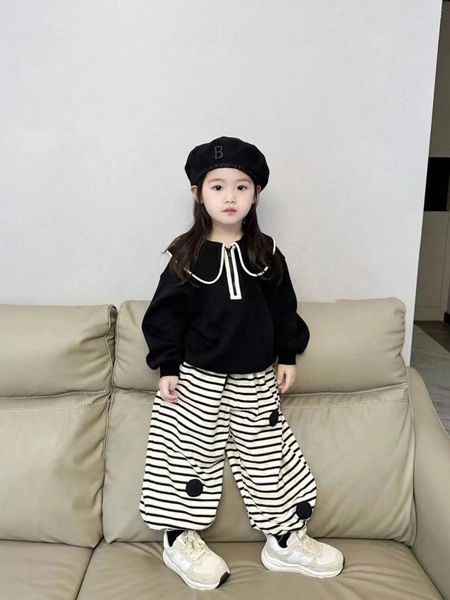 Jacken Koreanische kinder 2024 Herbst Mädchen Kragen Langarm Pullover Streifen Casual Hosen Mode Zwei Stück Set